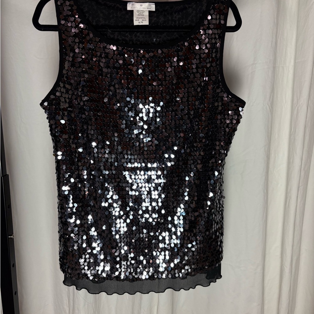 Papillon Blanc Silver + Black Sequin Sleeveless Top